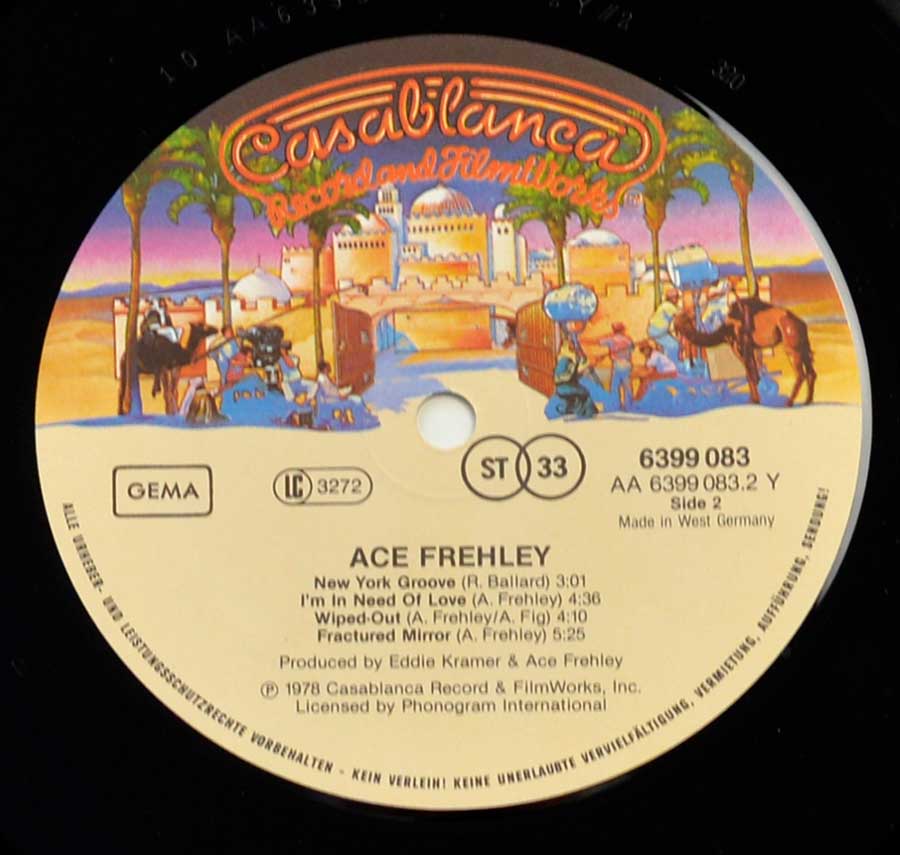 Close up of Side One record's label KISS - Ace Frehley Casablanca Records 12" LP Vinyl Album
