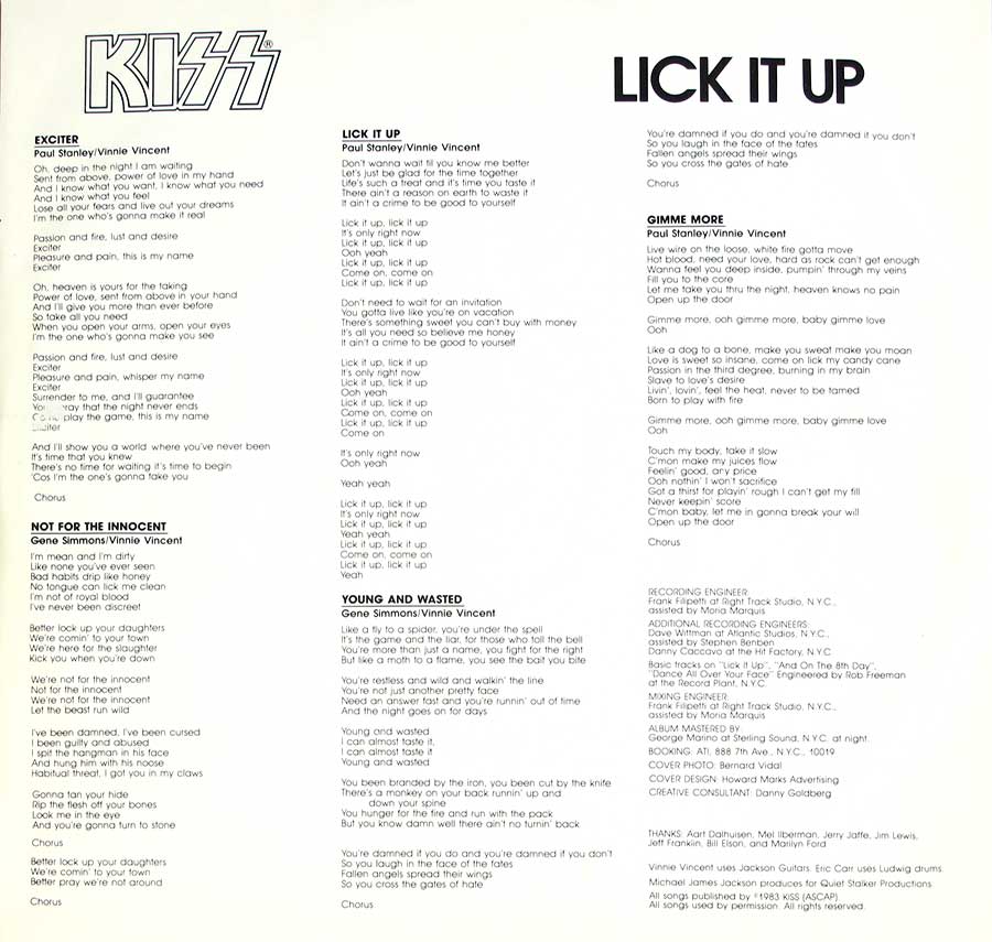 KISS - Lick It Up Netherlands Release 12" LP Vinyl Album custom inner sleeve