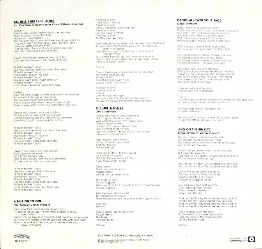 KISS - Lick It Up Netherlands Release 12" LP Vinyl Album custom inner sleeve