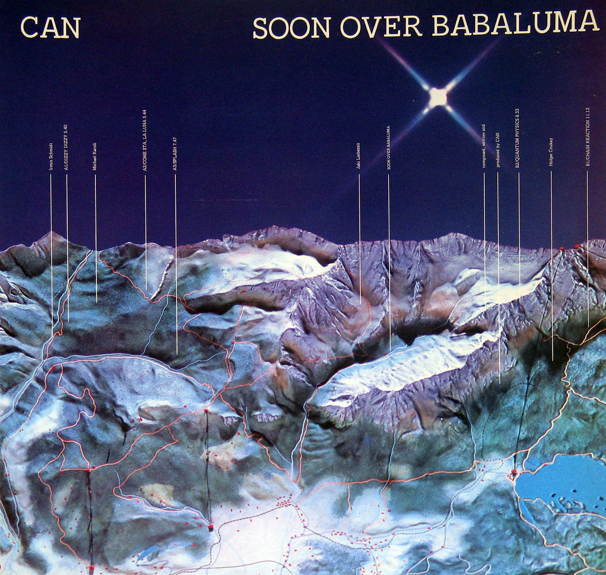 Album cover of CAN's Soon Over Babaluma featuring a surreal topographic map of mountainous terrain under a deep starry sky with a bright star above and labeled credits stretching from landscape to sky. https://vinyl-records.nl