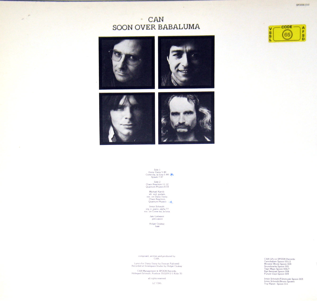 Back cover of CAN's Soon Over Babaluma featuring black and white portrait photos of band members, track listing, and credits on a white background with yellow price code sticker.