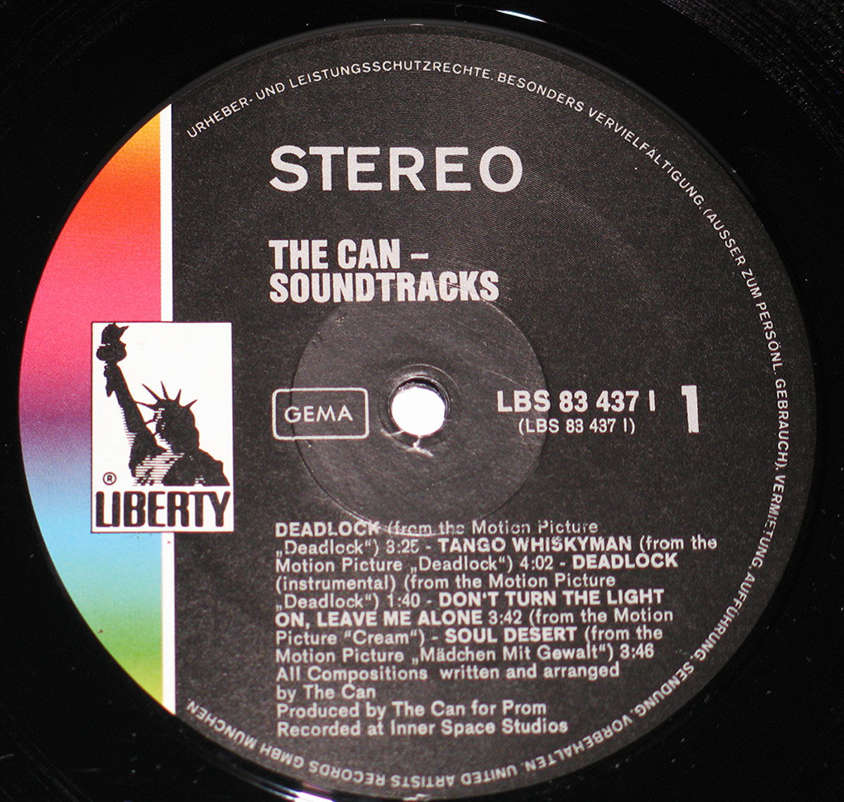 Close up of record's label CAN - Soundtracks With Holger Czukay 12" Vinyl LP Album Side One