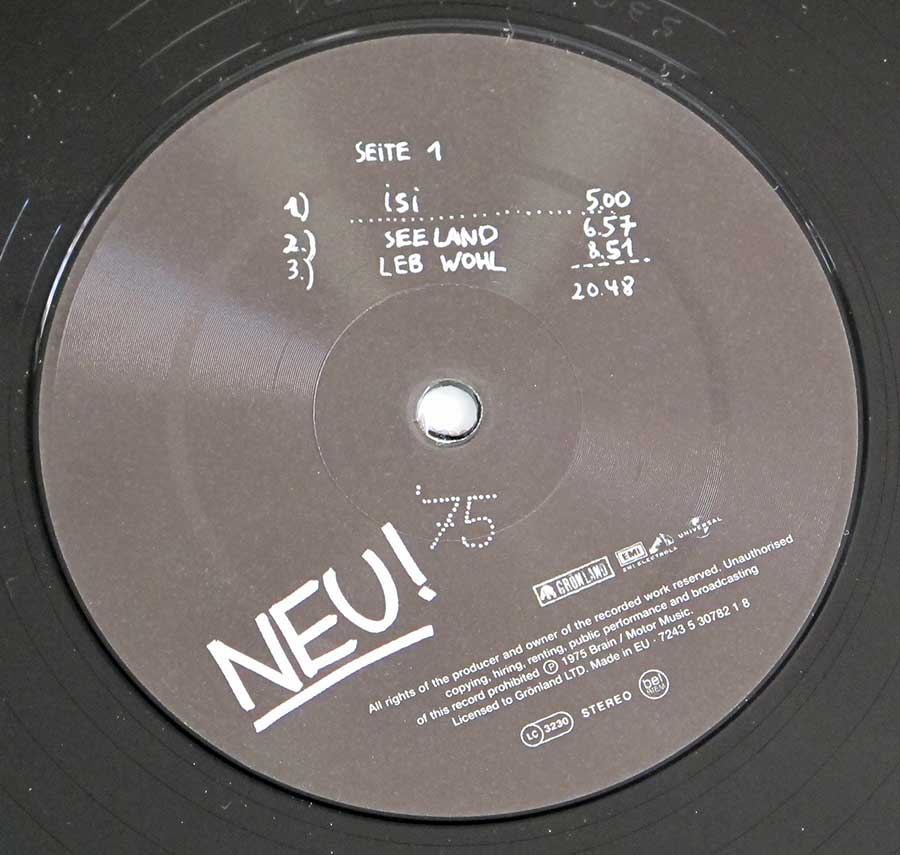 Close up of Side One record's label NEU! - '75 Brain records 1975 12" LP Vinyl Album