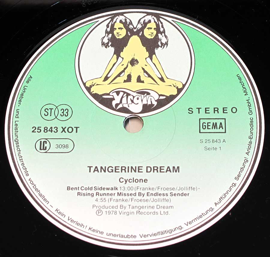 "Cyclone" Record Label Details: Green to White VIRGIN 25 843 XOT with Virign Twins Logo ℗ 1978 Virgin Records Ltd Sound Copyright 