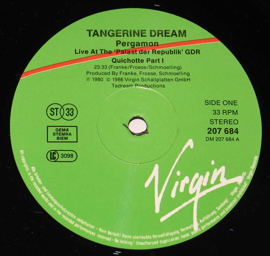 "Pergamon Live" Record Label Details: Green Colour VIRGIN 207 684 