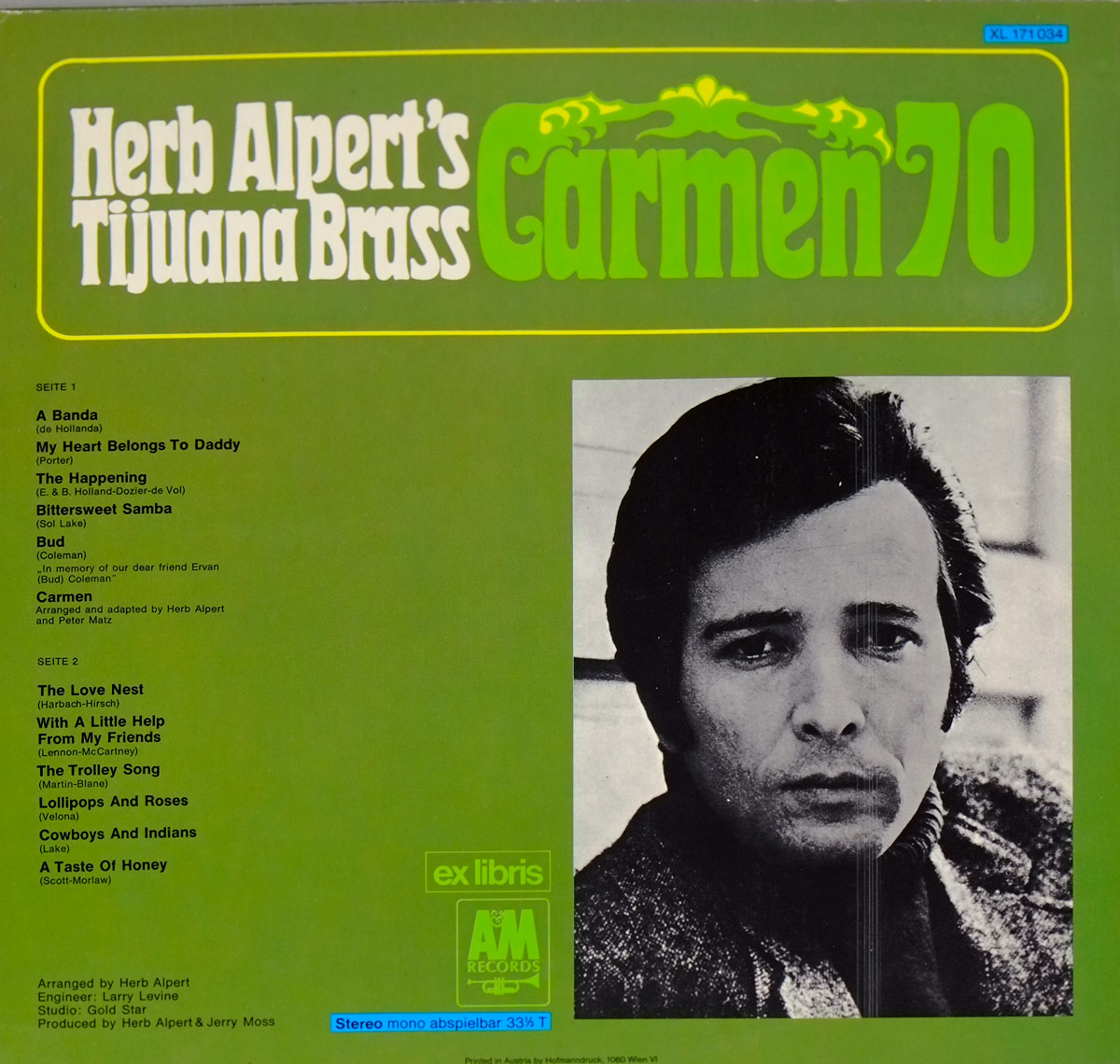 Back cover of 'Carmen 70' by Herb Alpert's Tijuana Brass. The green background features the album title in bold green and yellow stylized font, with a black-and-white close-up portrait of Herb Alpert in the lower right. The tracklist for Side 1 and Side 2 is printed in black on the left. The Ex Libris and A&M Records logos appear at the bottom, with production credits and recording details.