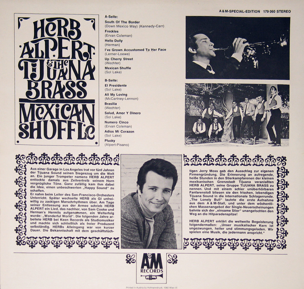 Back cover of 'Mexican Shuffle' by Herb Alpert & The Tijuana Brass. The black and white layout features the album title in ornate typography, a tracklist, three photographs, and a block of German text detailing the band's history. The A&M Records logo is at the bottom, with a note indicating Austrian printing.