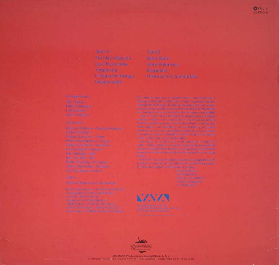 Photo of album back cover CELIA CRUZ y JOHNNY PACHECO - DE NUEVO