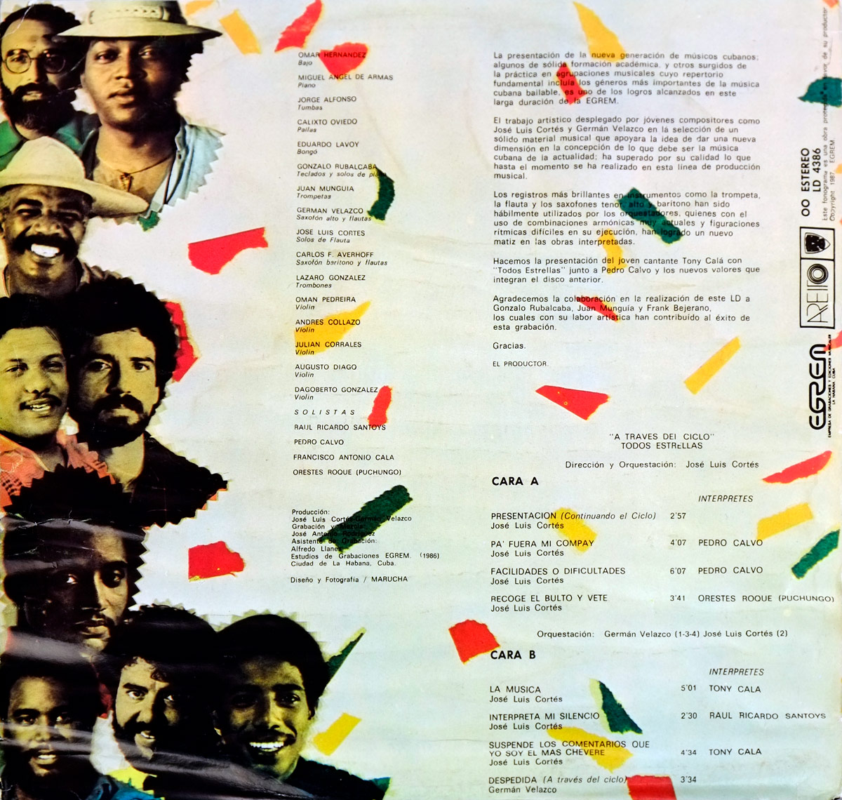 Back cover of the 'A Traves Del Ciclo' 12-inch LP Vinyl Album by Todos Estrellas. Features liner notes, tracklist, and credits from this classic Cuban Salsa and Latin Jazz release, produced by EGREM in Havana, Cuba.