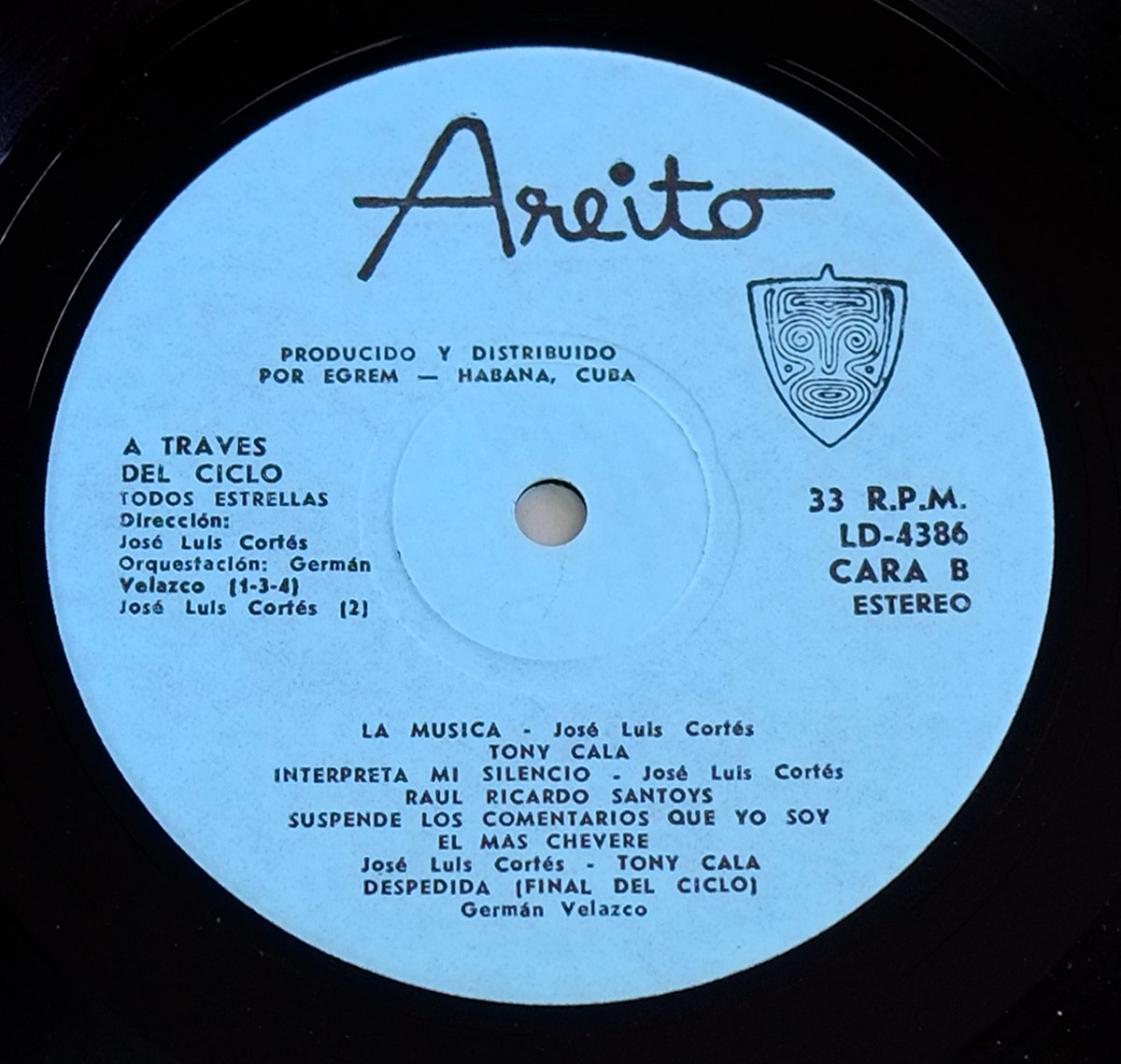 Close-up of the Areito record label on Side Two of the 'A Traves Del Ciclo' 12-inch LP Vinyl Album by Todos Estrellas. Features a sky-blue background, Areito logo, EGREM distribution, and track details from this classic Cuban Salsa and Latin Jazz release.
