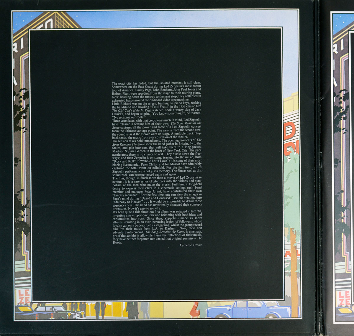 Album gatefold inside page showing the left panel with Cameron Crowe liner notes. A large matte-black rectangle sits centered, bordered by a thin double rule in white/gray. Dense white text is set in narrow, justified columns; “Cameron Crowe” appears as a credit at the lower right of the block. Around the black panel, a full-bleed illustration frames the page: art-deco cinema façades, trees, and passing cars, with partial red letters and signage at the edges. Gatefold seam is visible on the right; light edge wear can be seen.