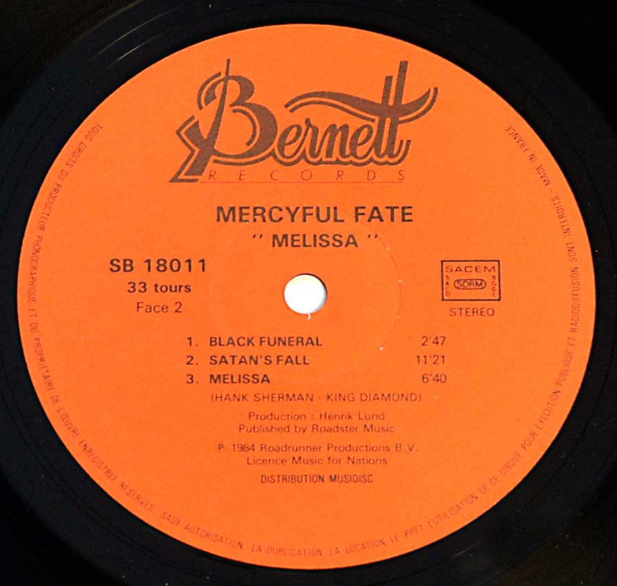 Close up of record's label MERCYFUL FATE - Melissa Bernett France 12" LP ALBUM VINYL  Side Two