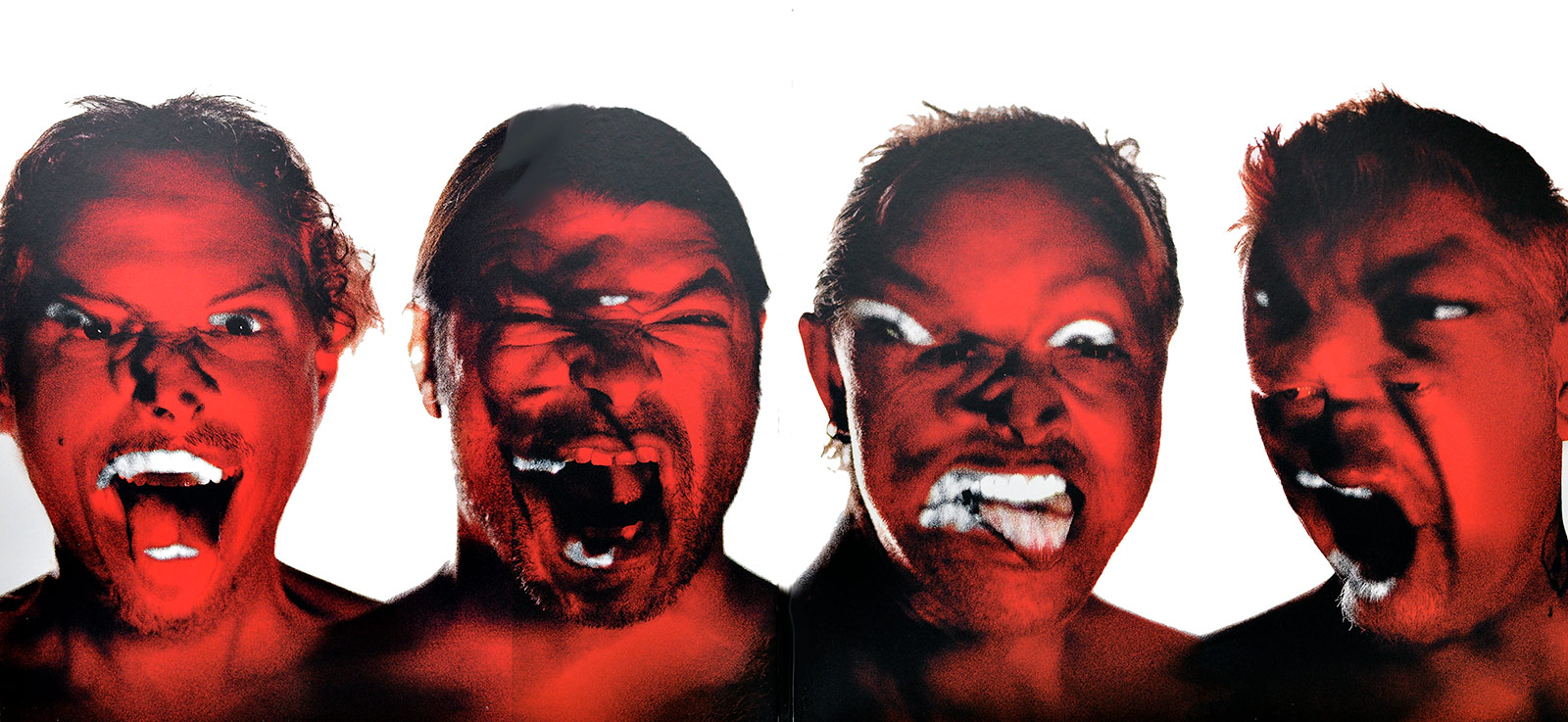 Front cover of Metallica's Hardwired to Self-Destruct featuring a distorted multicolored human face composed of multiple overlapping expressions