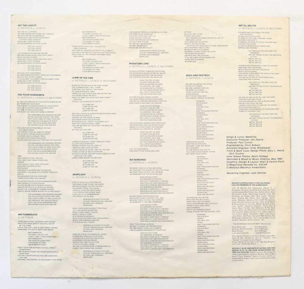 High Resolution Photo  of the  Original Custom Inner Sleeve (OIS) #2 of METALLICA Kill 'Em All ( Netherlands ) https://vinyl-records.nl