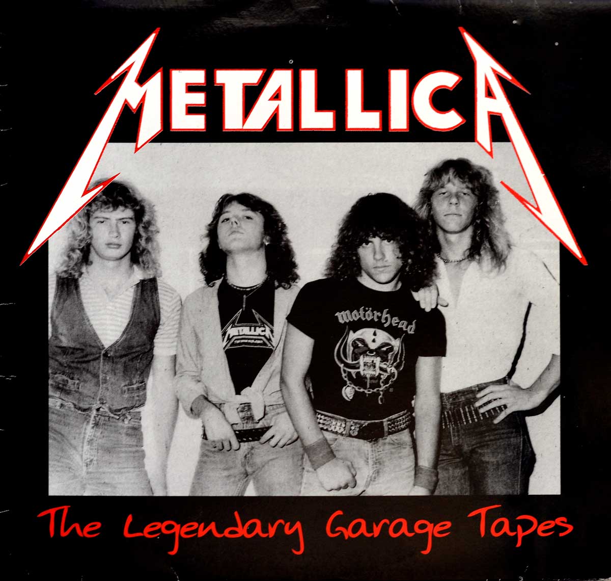 Metallica album cover for The Legendary Garage Tapes featuring early band members Dave Mustaine, Lars Ulrich, Ron McGovney, and James Hetfield in a black-and-white photo. Dave Mustaine on the left wearing a denim vest, Lars Ulrich second from left with wavy hair and a Metallica shirt, Ron McGovney second from right in a Motörhead T-shirt, and James Hetfield on the right with long straight hair and a plain shirt.