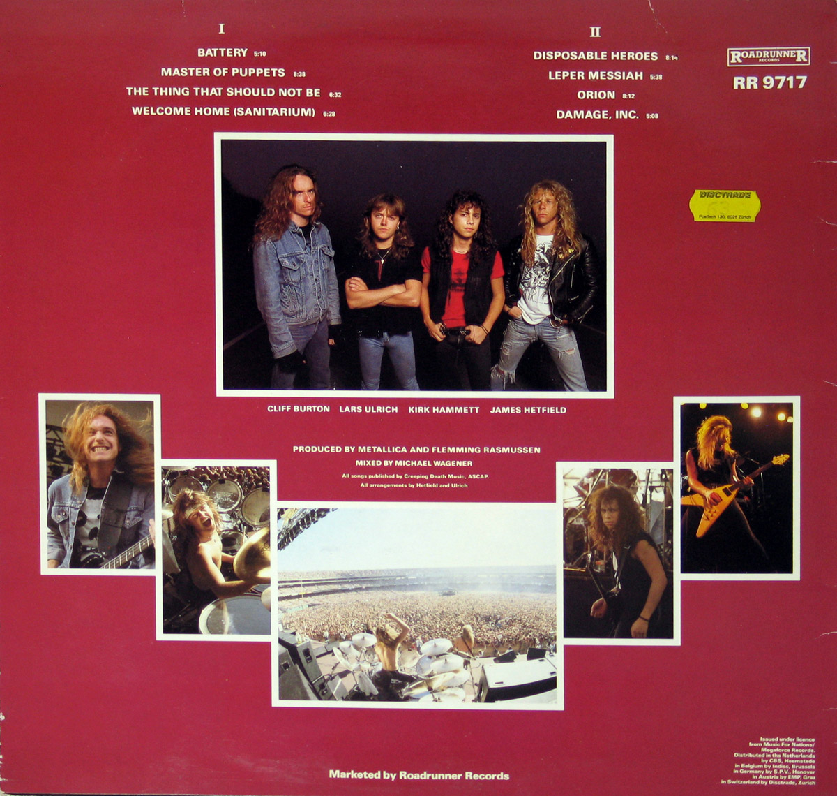Back cover of Metallica's 'Master of Puppets' album features a deep red background with white text listing the album’s tracks. At the center is a band photo of Metallica members standing together, wearing denim and leather. Additional smaller images include live concert shots of Cliff Burton, Lars Ulrich, and James Hetfield, as well as a massive crowd shot from behind the drum kit.