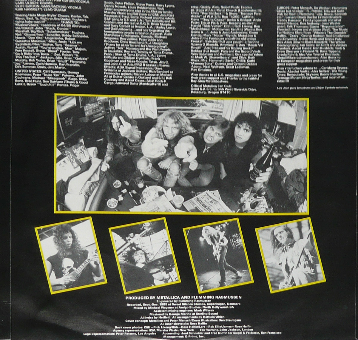 Inner sleeve of Metallica's 'Master of Puppets' album features a black background filled with white text credits at the top. A large black-and-white photograph in the center shows the band members—Cliff Burton, James Hetfield, Lars Ulrich, and Kirk Hammett—on a tour bus, smiling, drinking, and flipping off the camera. Below, four smaller black-and-white images outlined in yellow capture Metallica in intense live performances and candid moments.