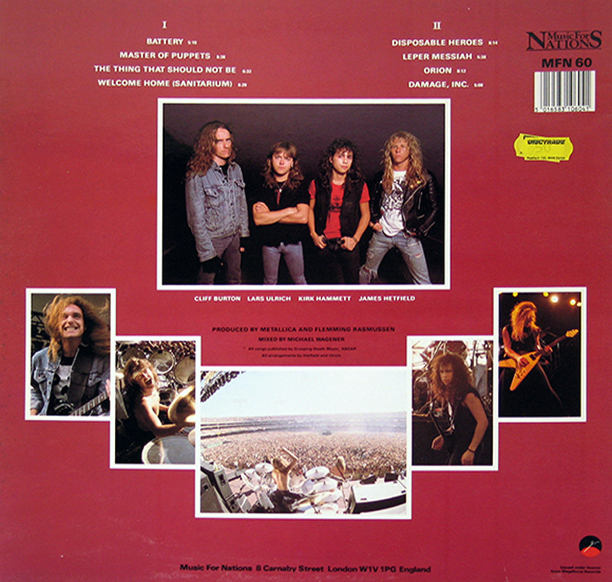 Back cover of Metallica's 'Master of Puppets' UK edition features a deep red background with white track listings, a central band photo, and five smaller images of live performances. The Music For Nations logo and catalog number MFN 60 appear in the top right corner, along with a barcode and copyright details at the bottom.