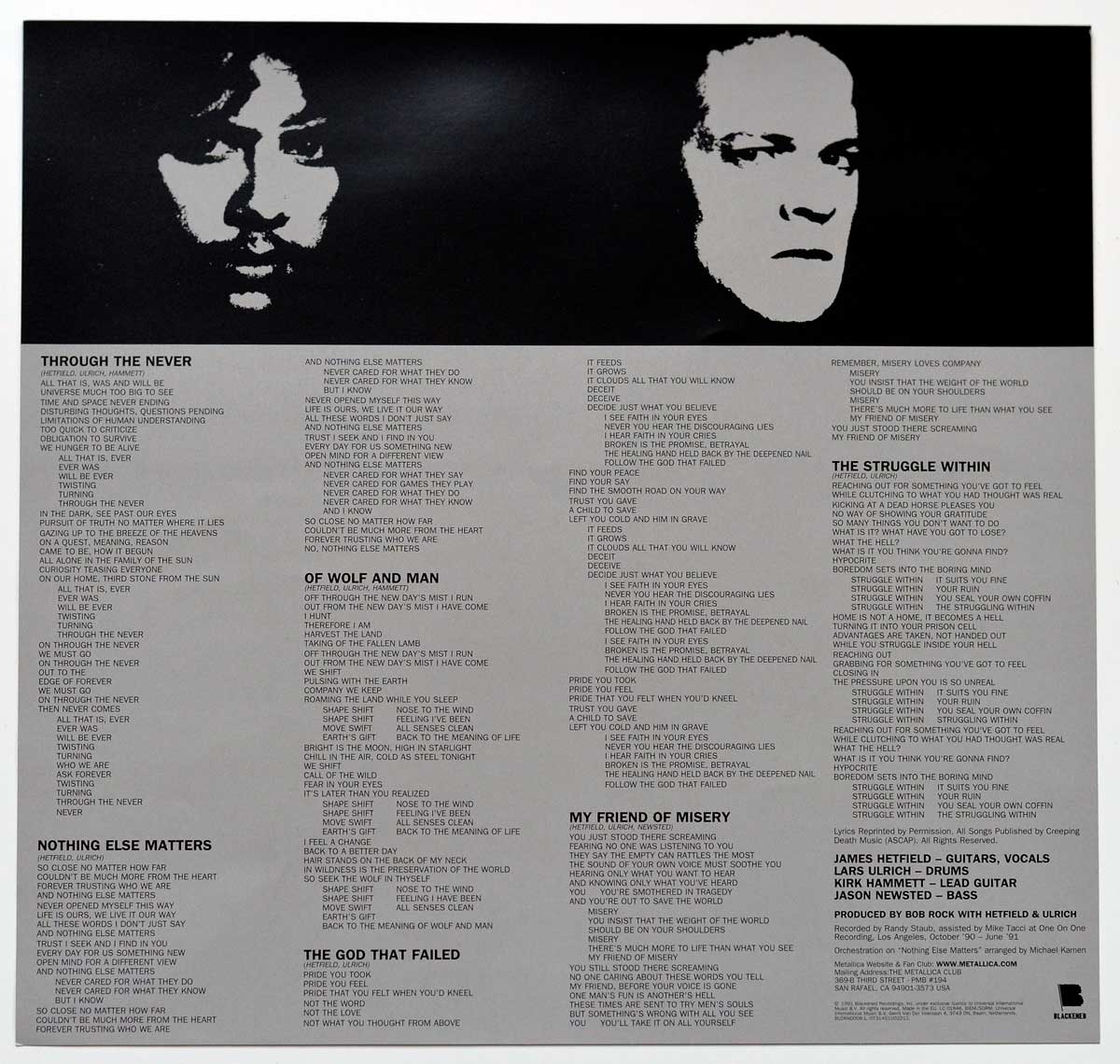 Photo of album back cover METALLICA The Black Album 2LP 180 Grams Audiophile Blackened Records 
