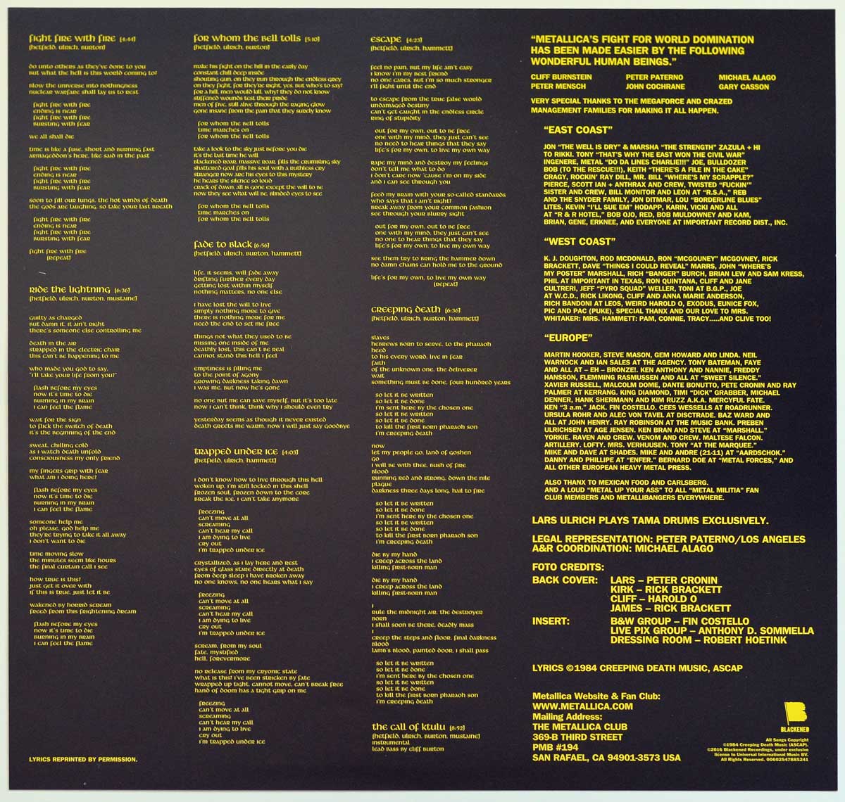 Photo of album back cover METALLICA - Ride The Lightning Blackened Records 