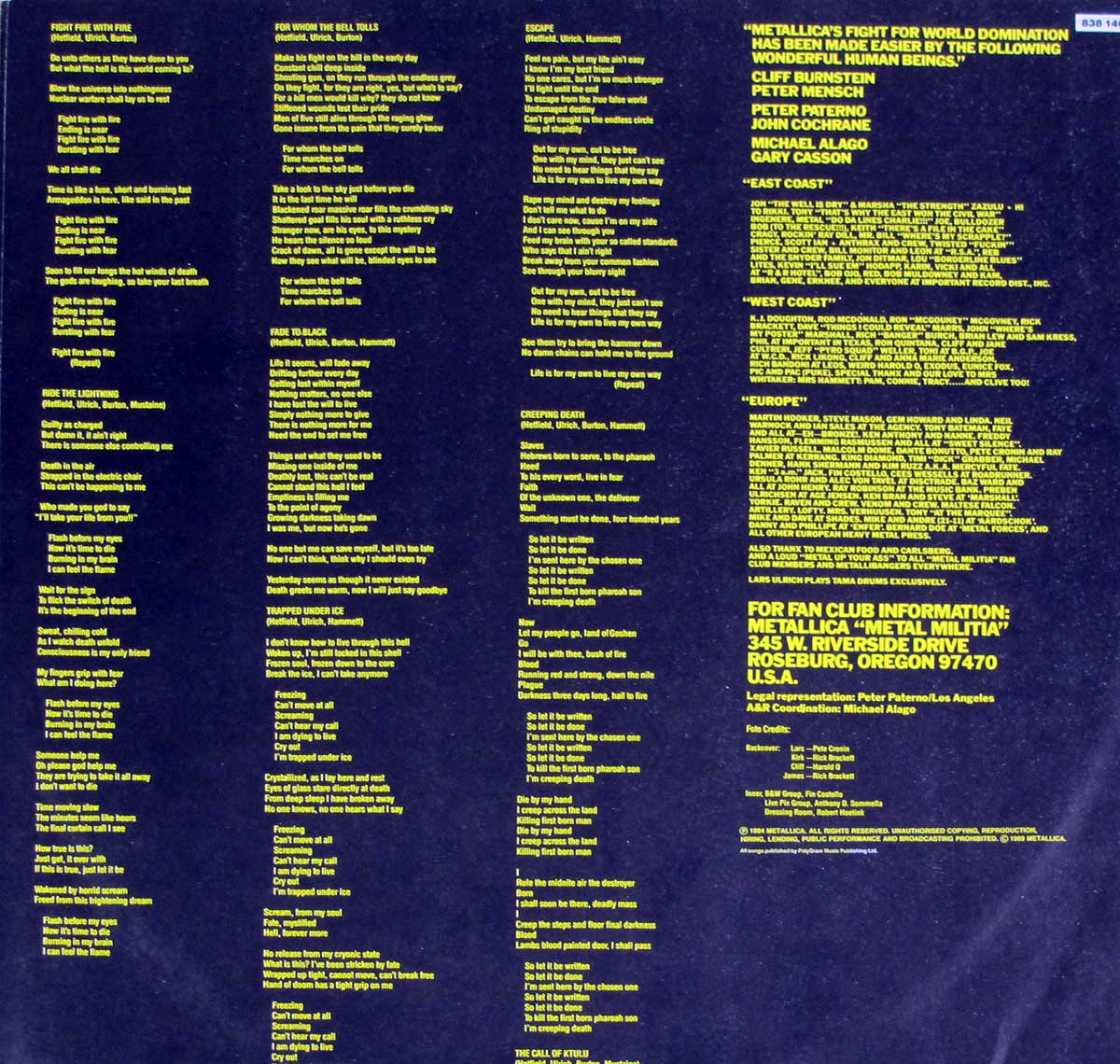 High Resolution Photo of METALLICA - Ride The Lightning Vertigo Records 