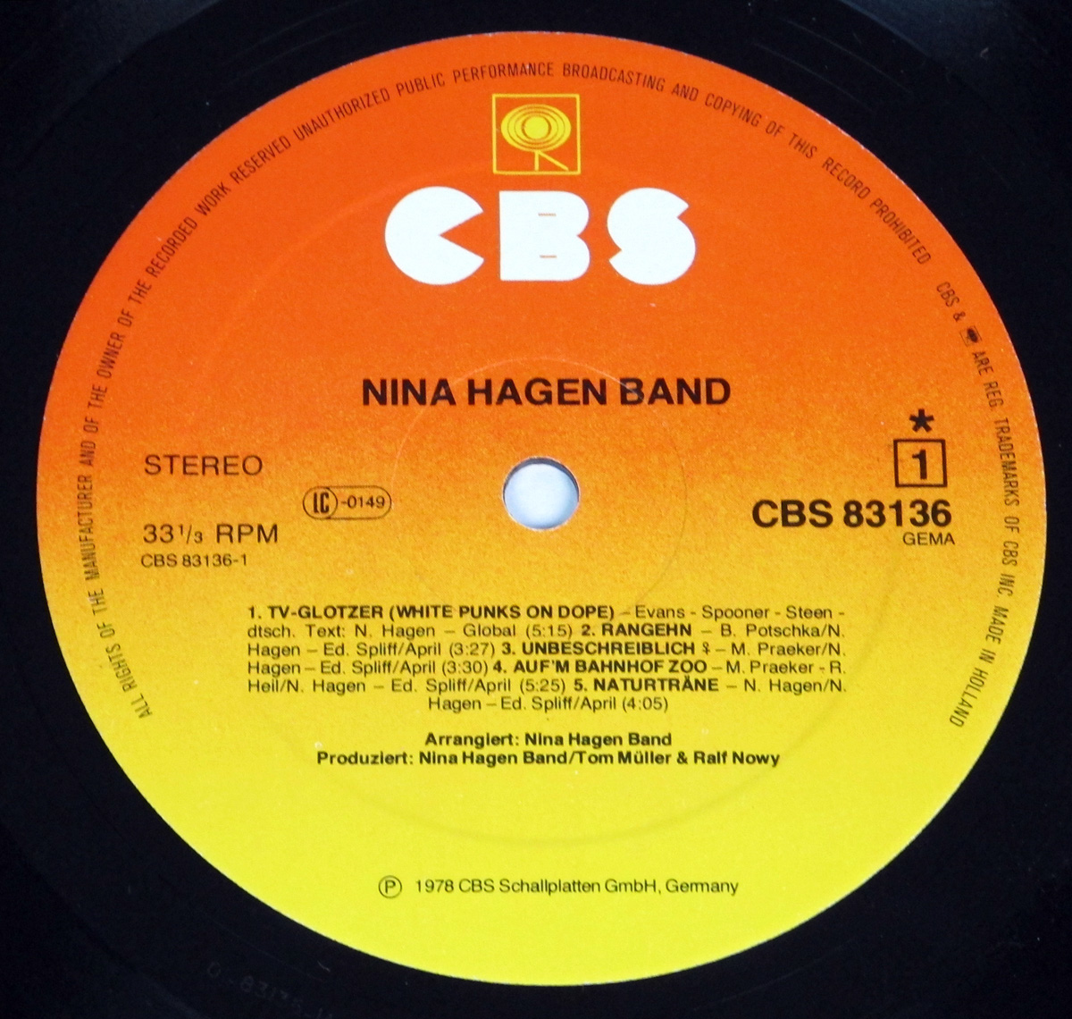 NINA HAGEN BAND SELF-TITLED 12" LP VINYL