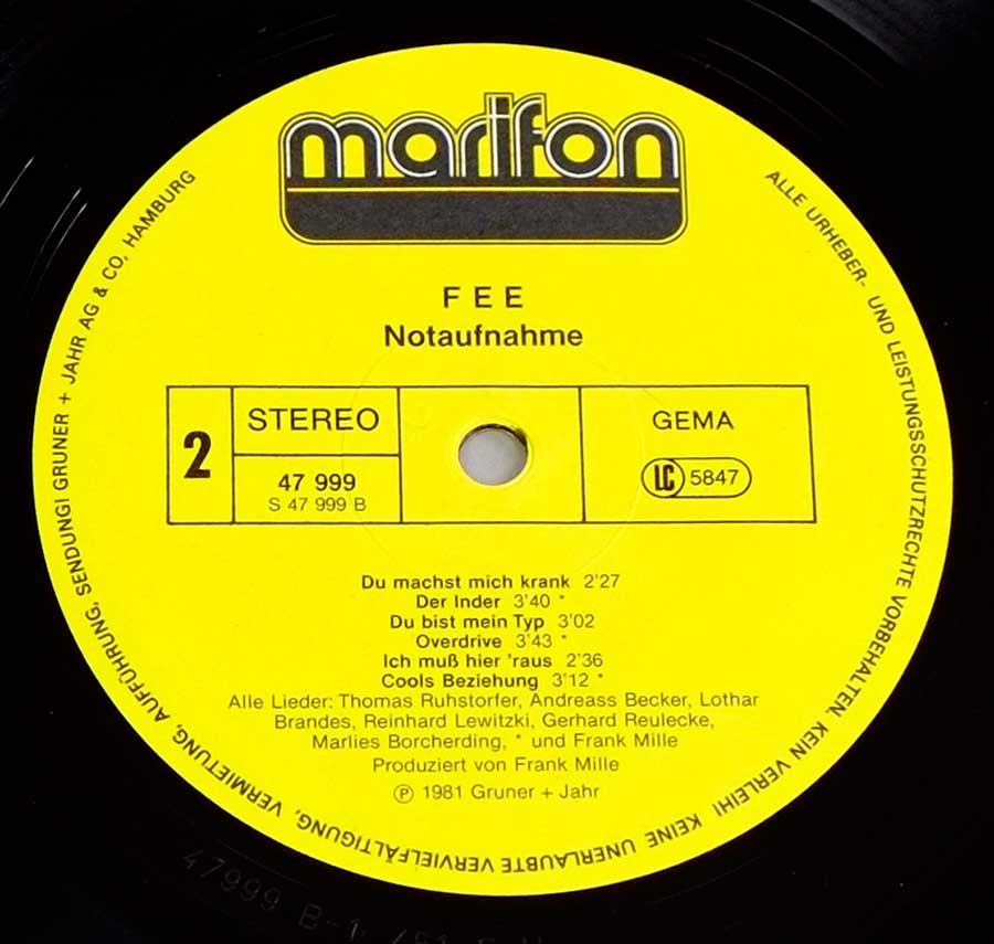 Side Two Close up of record's label FEE - Notaufnahme Lyrics Sleeve Half-Speed Master 12" LP Vinyl Album