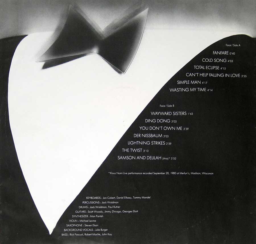 KLAUS NOMI - Encore - 12" Vinyl LP Album back cover