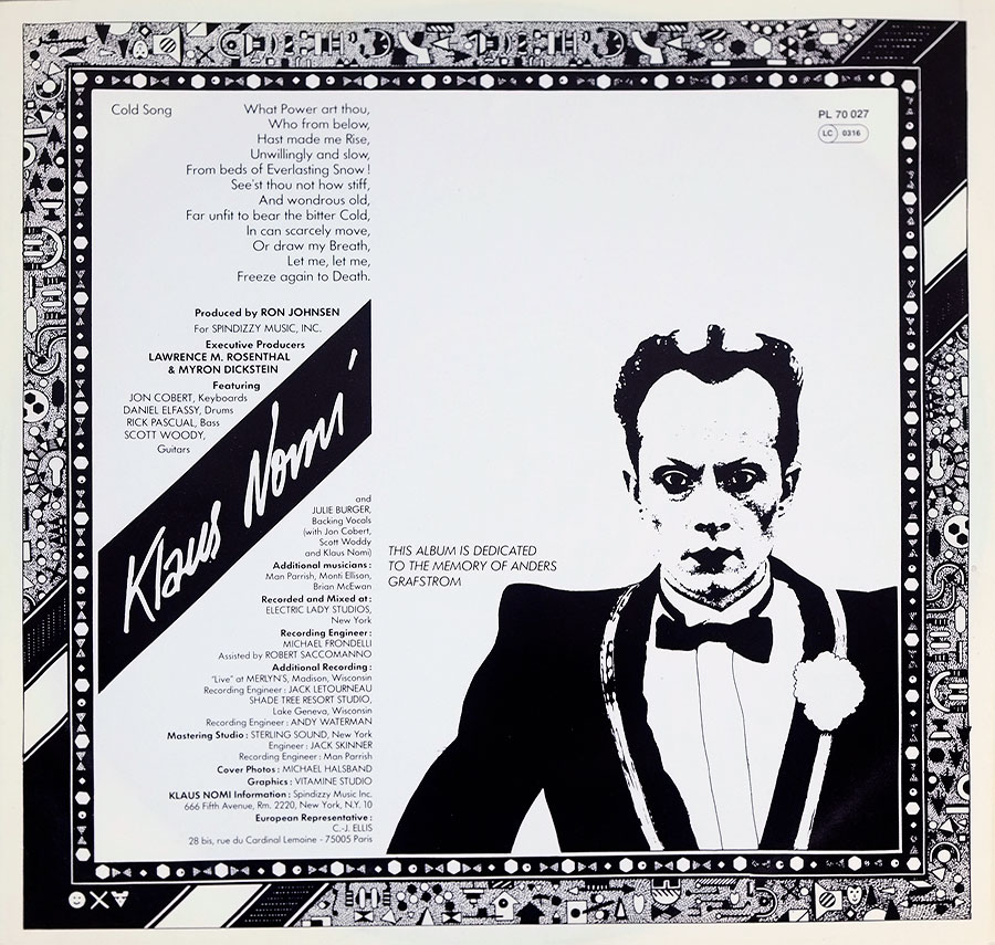 Photo One Of The Original Custom Inner Sleeve KLAUS Nomi - Self-Titled Album 