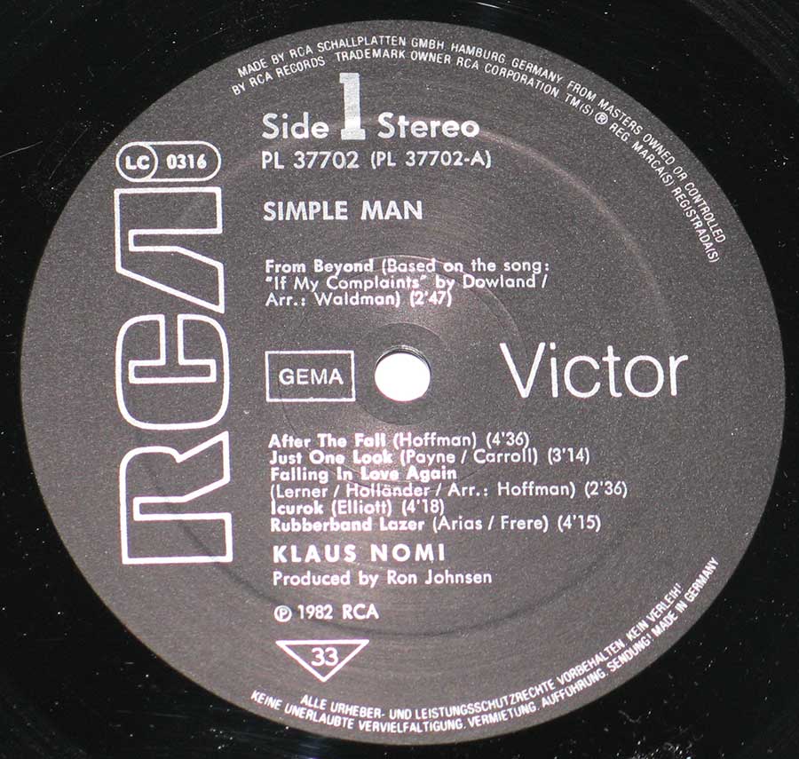 "Simple Man" Black Colour RCA Victor Record Label Details: RCA Victor PL 37702 ℗ 1982 RCA Sound Copyright 