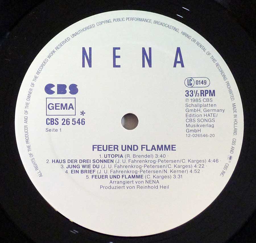 "Feuer und Flamme" Record Label Details: CBS 26 546 , LC 0149 ℗ 1985 CBS Schallplatten Sound Copyright 