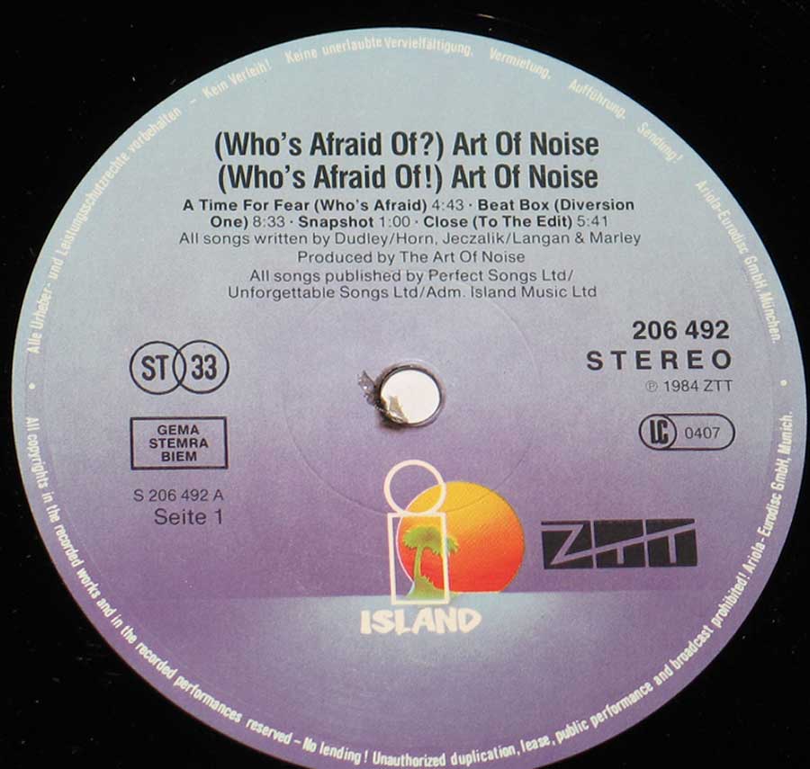 Close-up Photo of "Who's Afraid Of The Art Of Noise" Record Label