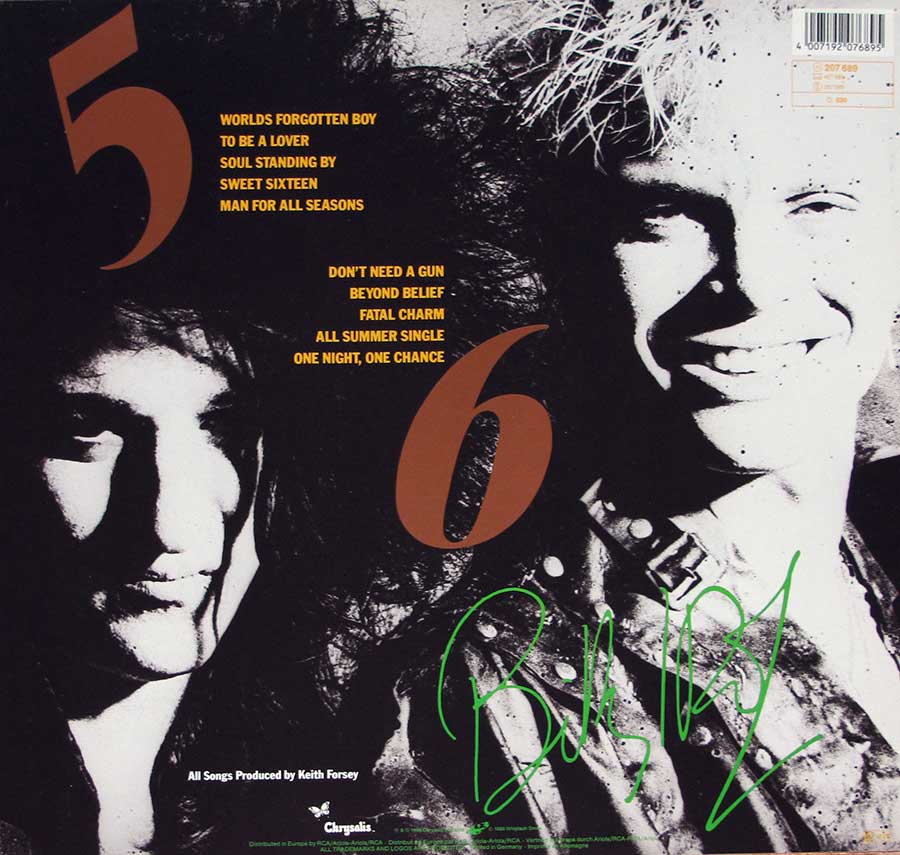 BILLY IDOL - Whiplash Smile 12" Vinyl LP Album  album back cover