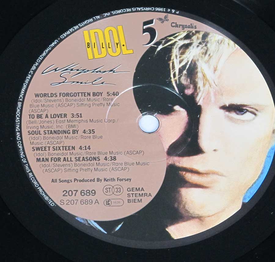 BILLY IDOL - Whiplash Smile 12" Vinyl LP Album  enlarged record label