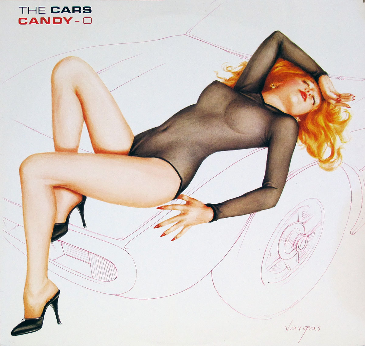Front cover of Candy-O by The Cars (1979), painted by Alberto Vargas, featuring a red-haired woman reclining on the hood of a stylized car. She wears a semi-transparent black bodysuit, high heels, and has a confident pose with one arm over her forehead. The minimalist car is outlined in pink, and the artwork is signed by Vargas in the bottom right corner. The album title and band name are displayed in bold black and red text in the top left corner.