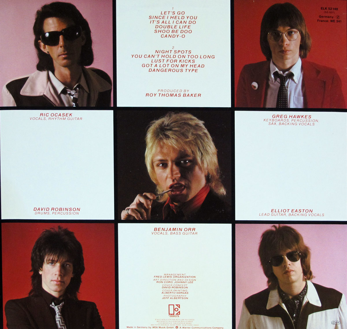 Back cover of Candy-O by The Cars (1979), featuring individual portraits of band members: Ric Ocasek (vocals, rhythm guitar), Greg Hawkes (keyboards, percussion, sax, backing vocals), Benjamin Orr (vocals, bass guitar), Elliot Easton (lead guitar, backing vocals), and David Robinson (drums, percussion), arranged in a grid format with stylish and distinctive visuals.