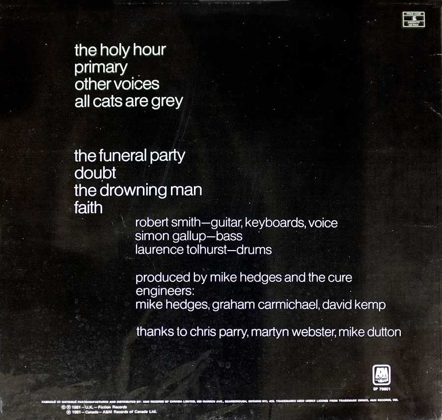 THE CURE - Faith - Alt Rock, New Wave 12" LP Vinyl Album back cover