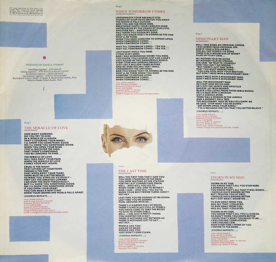 EURYTHMICS - Revenge With Annie Lennox David Stewart 12" Vinyl LP Album
 back cover
