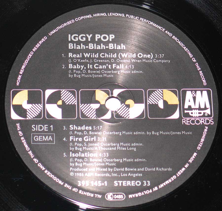 "Blah Blah Blah" Record Label Details: A&M Recods 395 145-1 ℗ 1986 A&M Records Sound Copyright 