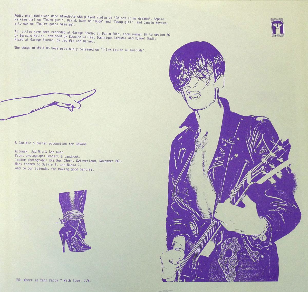 JAD WIO Cellar Dreams Garage custom inner sleeve featuring violet-toned punk-style photo of a topless guitarist in leather jacket, credits and text on a pale background