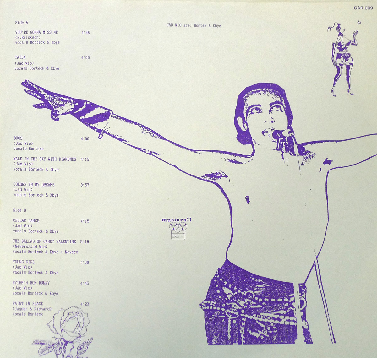 JAD WIO Cellar Dreams Garage custom inner sleeve with tracklist for both sides, violet-toned artwork of topless singer with arms outstretched, bold graphic style, and stylized elements