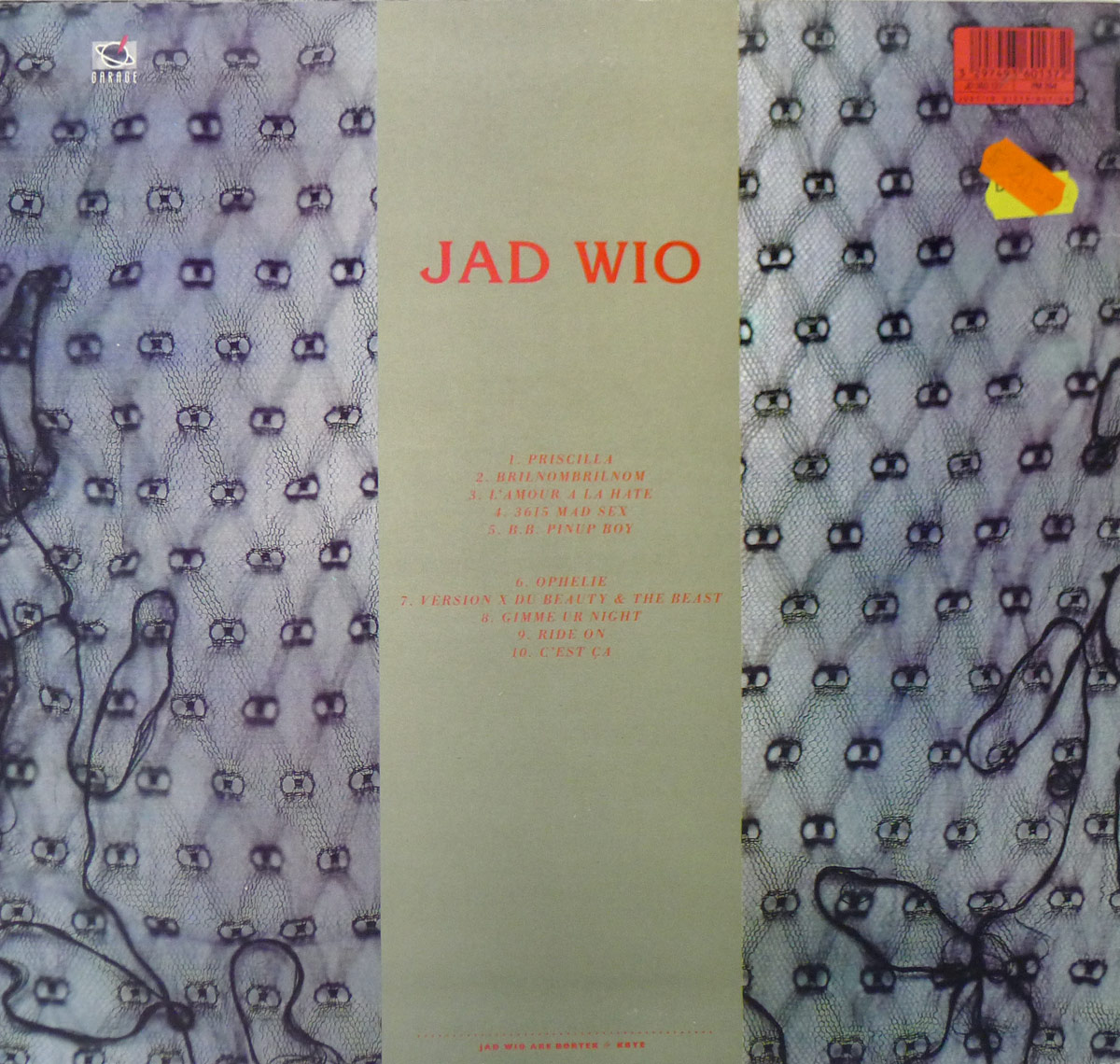 Back cover of JAD WIO - Contact LP featuring centered text listing 10 track titles in red serif font, set against a gray vertical panel flanked by patterned lace fabric.