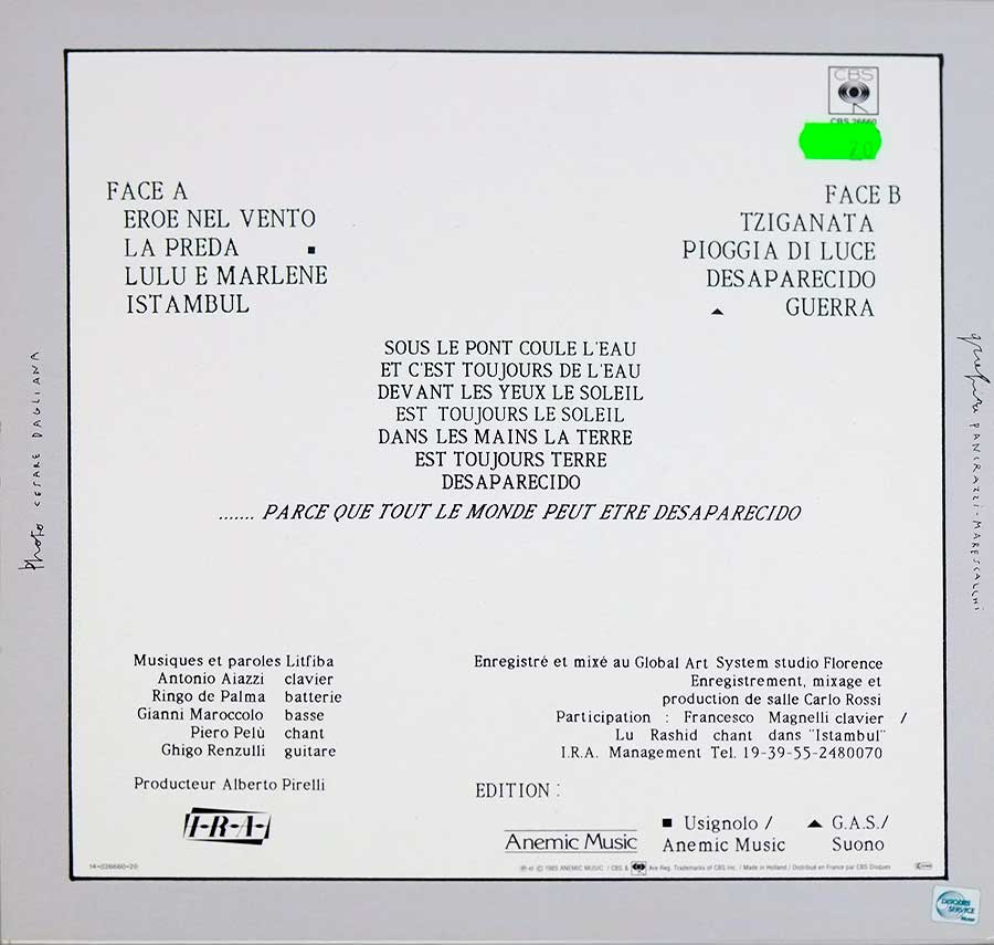 Photo of album back cover LITFIBA - Desaparecido 12" Vinyl LP Album
