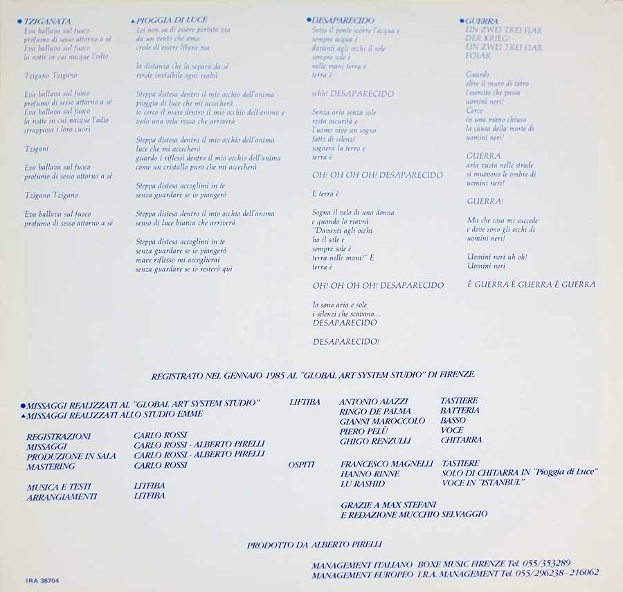 Photo One Of The Original Custom Inner Sleeve LITFIBA – Desaparecido Italian Issue 12" Vinyl LP Album 