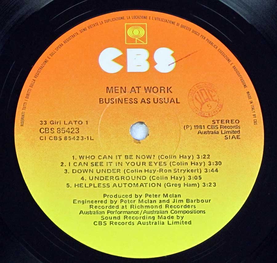 MEN AT WORK Business As Usual Italy Austrlian Black White 12" LP Vinyl Album enlarged record label