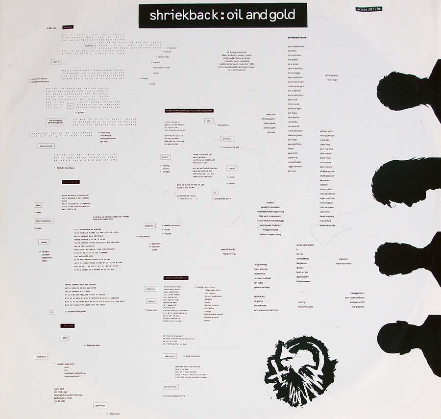 Photo Two of the original custom inner sleeve  SHRIEKBACK OIL AND GOLD 12" LP Vinyl Album