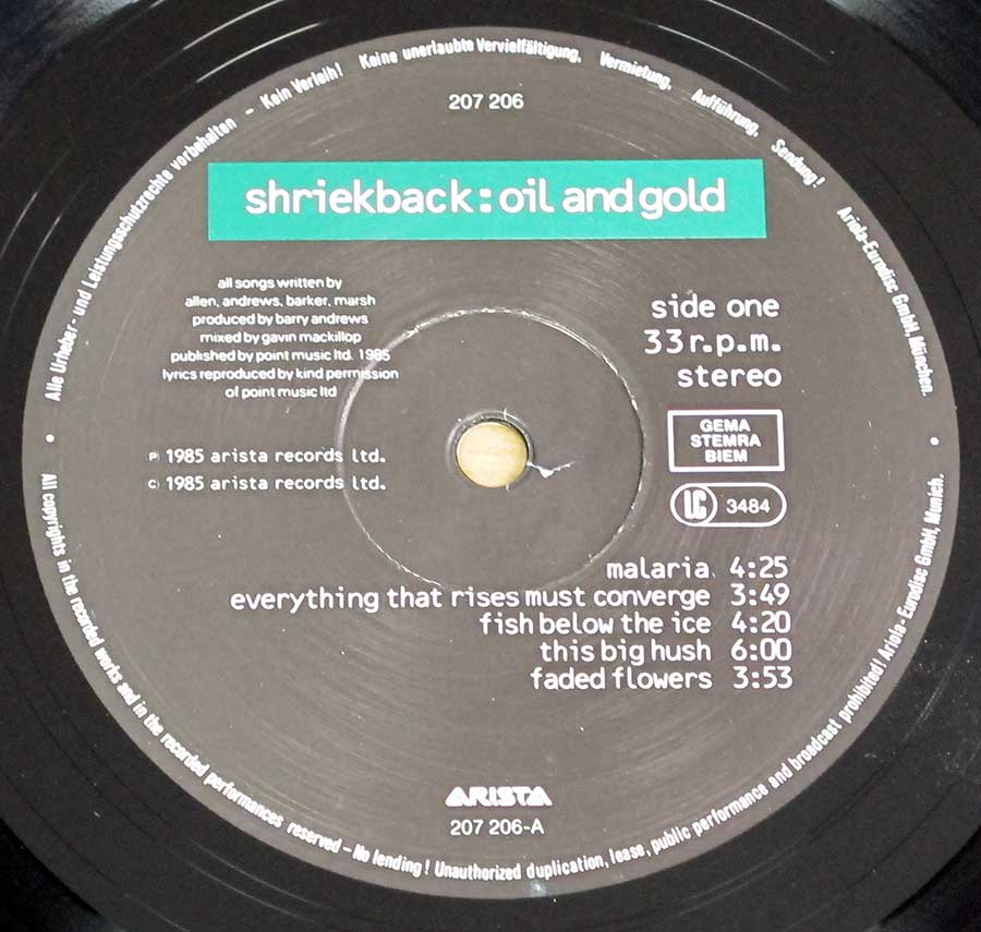 Close up of record's label SHRIEKBACK OIL AND GOLD 12" LP Vinyl Album Side One