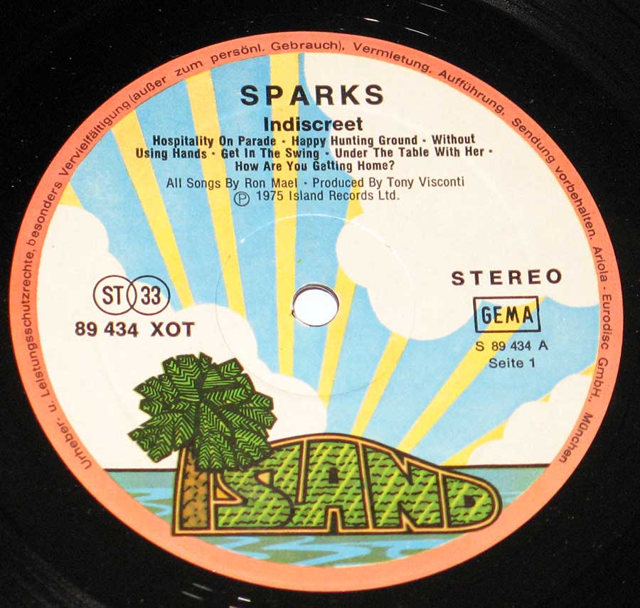 Close up of record's label SPARKS - Indiscreet New Wave 12" Vinyl LP AlbumSide One