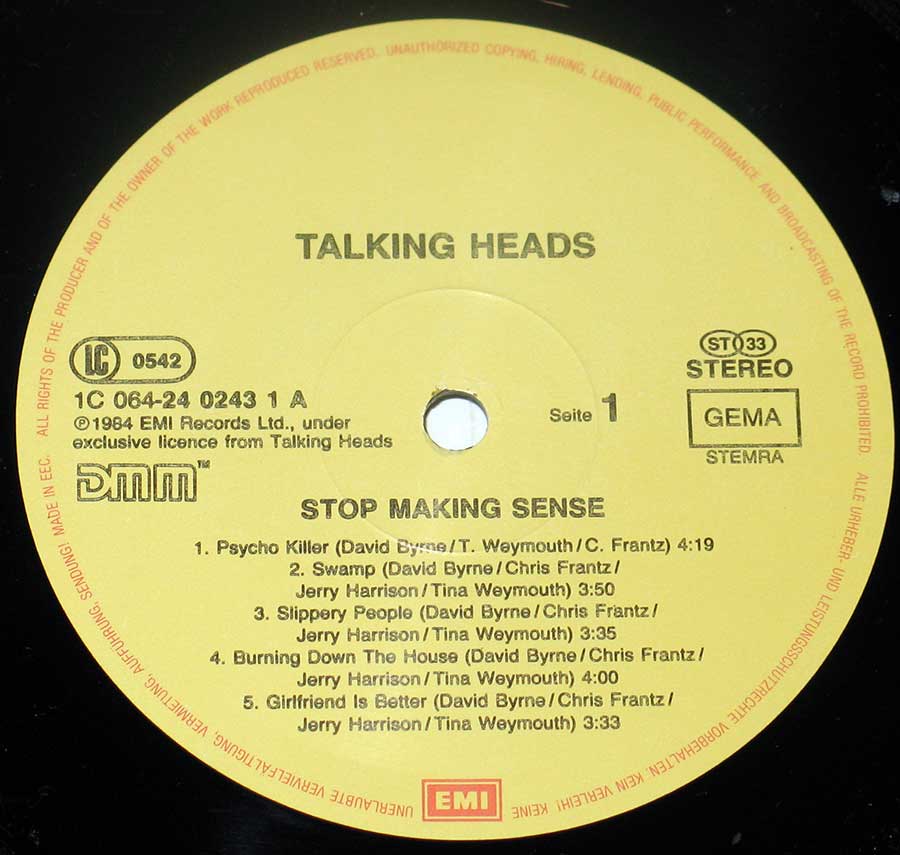 TALKING HEADS - Stop Making Sense 12" Vinyl LP Album enlarged record label