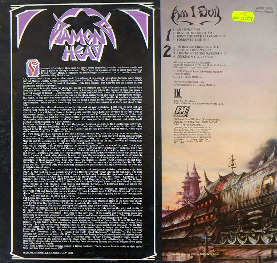 Photo of album back cover DIAMOND HEAD - Am I Evil Genuine UK Release 12" Vinyl LP Album